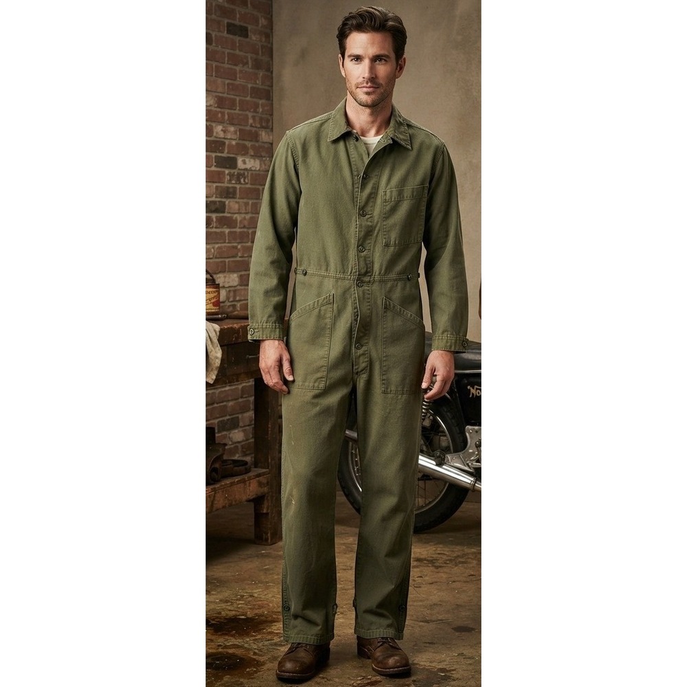 Vtg Mason Hughes US Military Coveralls Men's M Green Cotton Sateen OG-107 70s